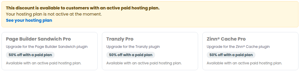 The Pro plugin discount page explaining that an active paid hosting plan is needed