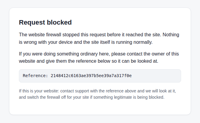 The Request blocked page the website firewall shows