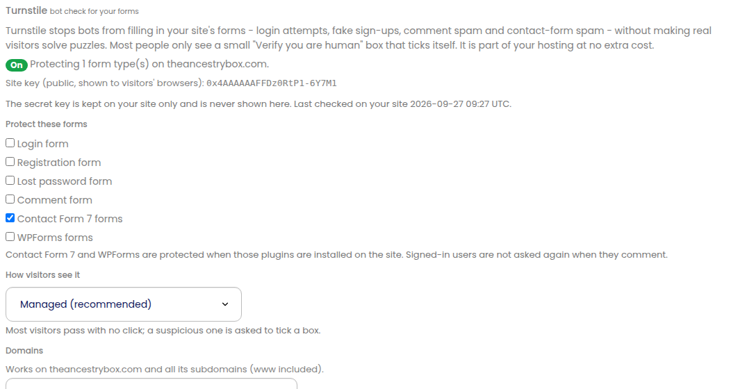 The Turnstile tab of a site in the PBN LTD dashboard