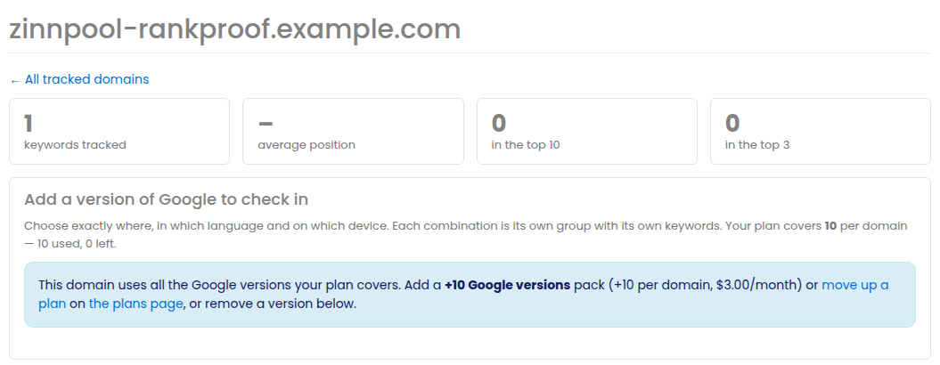 A rank tracking domain page showing how many Google versions the plan covers per domain and how many are used