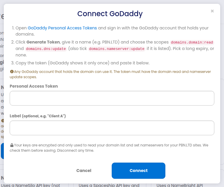 The Connect GoDaddy form with its three steps
