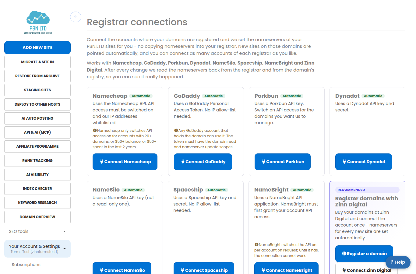 The Registrar connections page with a card for each supported registrar