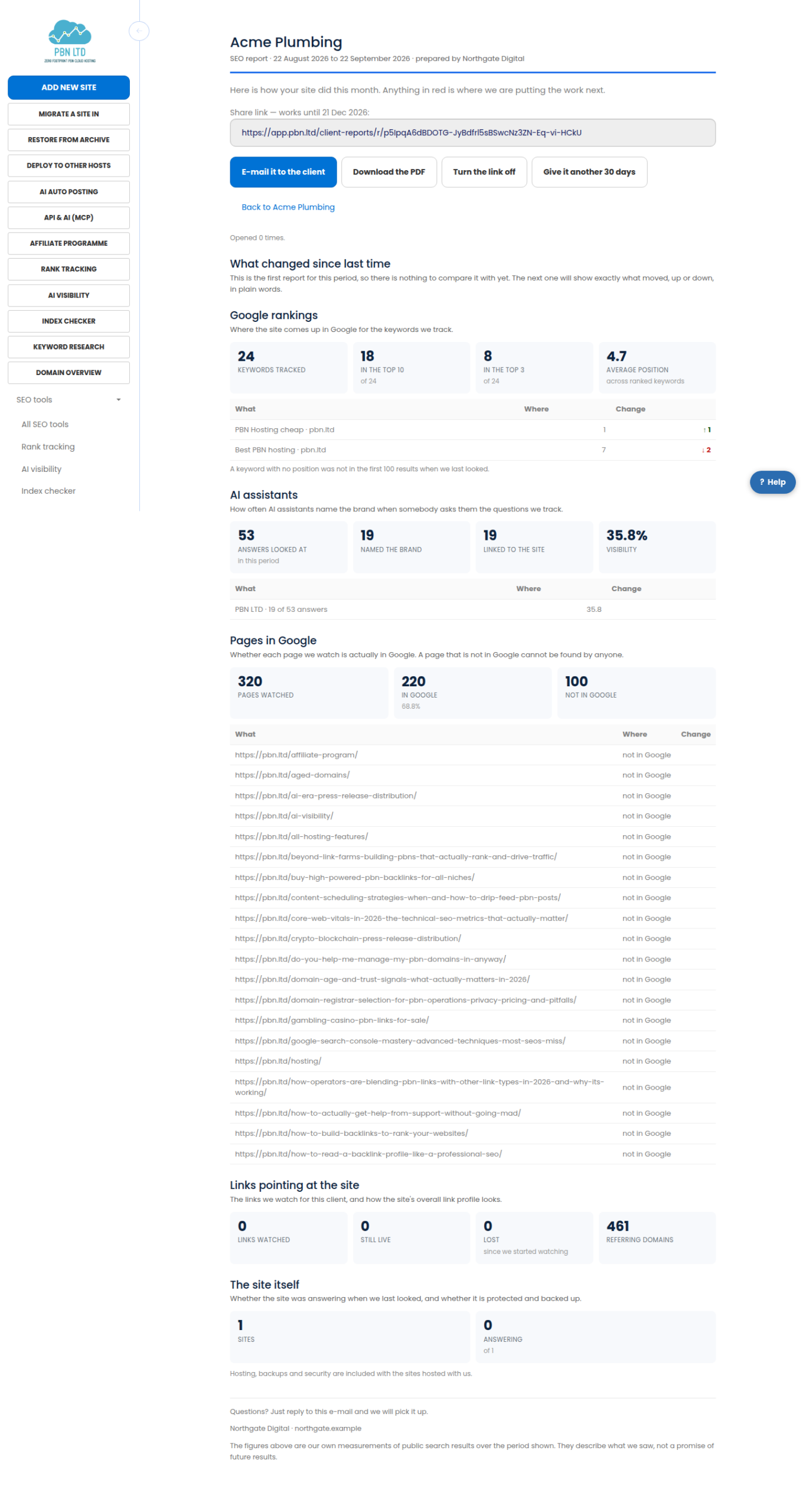 A finished report under an agency's own logo and colours, with the what-changed summary and each section's figures