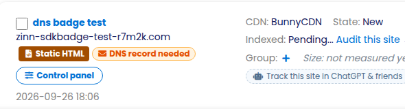 The DNS record needed badge on the Sites list