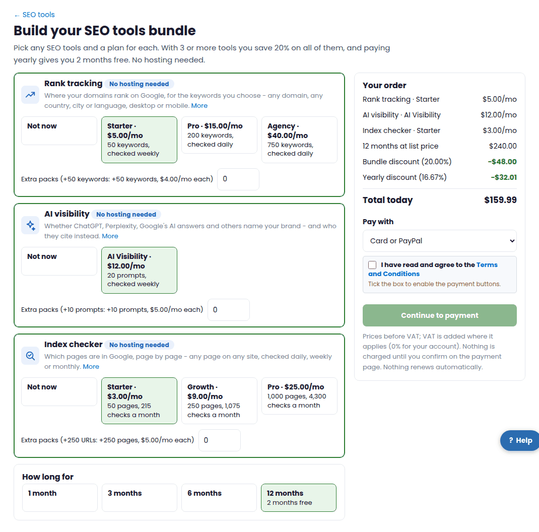 The SEO tools checkout with three tools selected