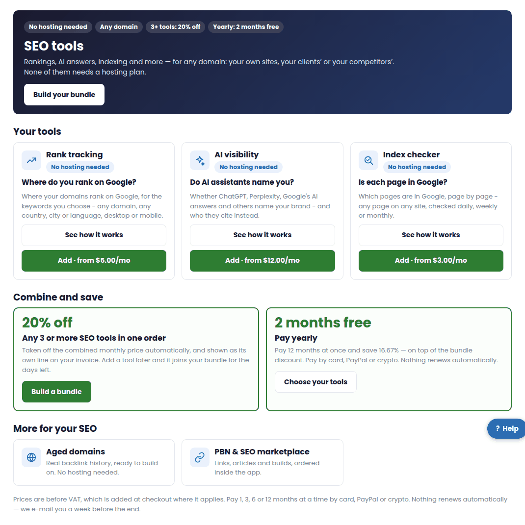 The SEO tools page with a tile for each tool