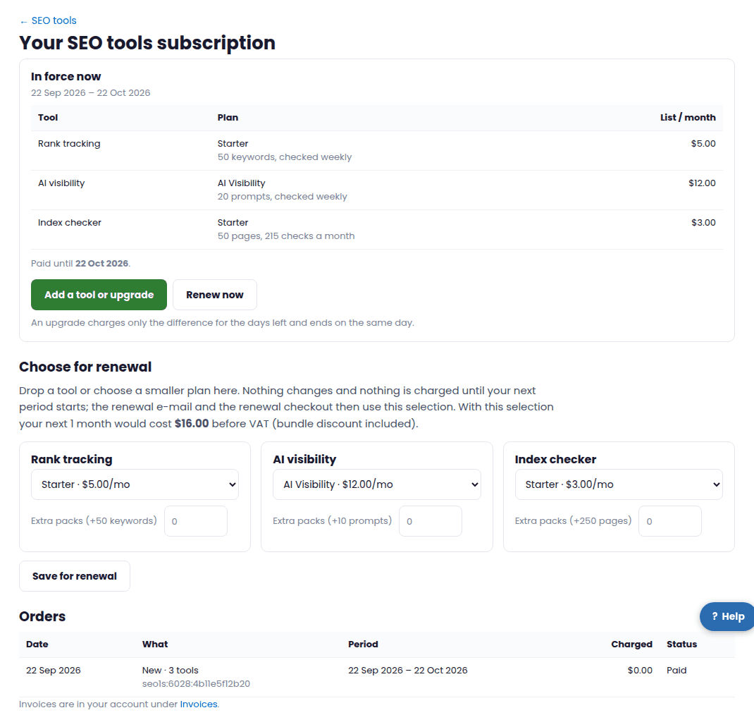 The SEO tools subscription page