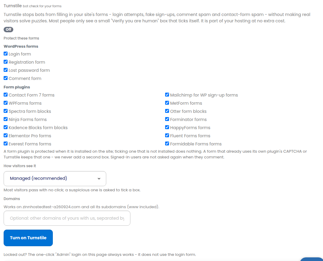 The Turnstile tab on a site page, before it is switched on