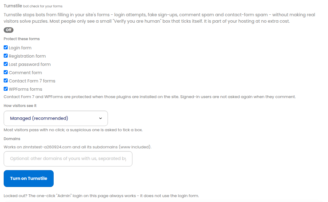The Turnstile tab on a site page, before it is switched on