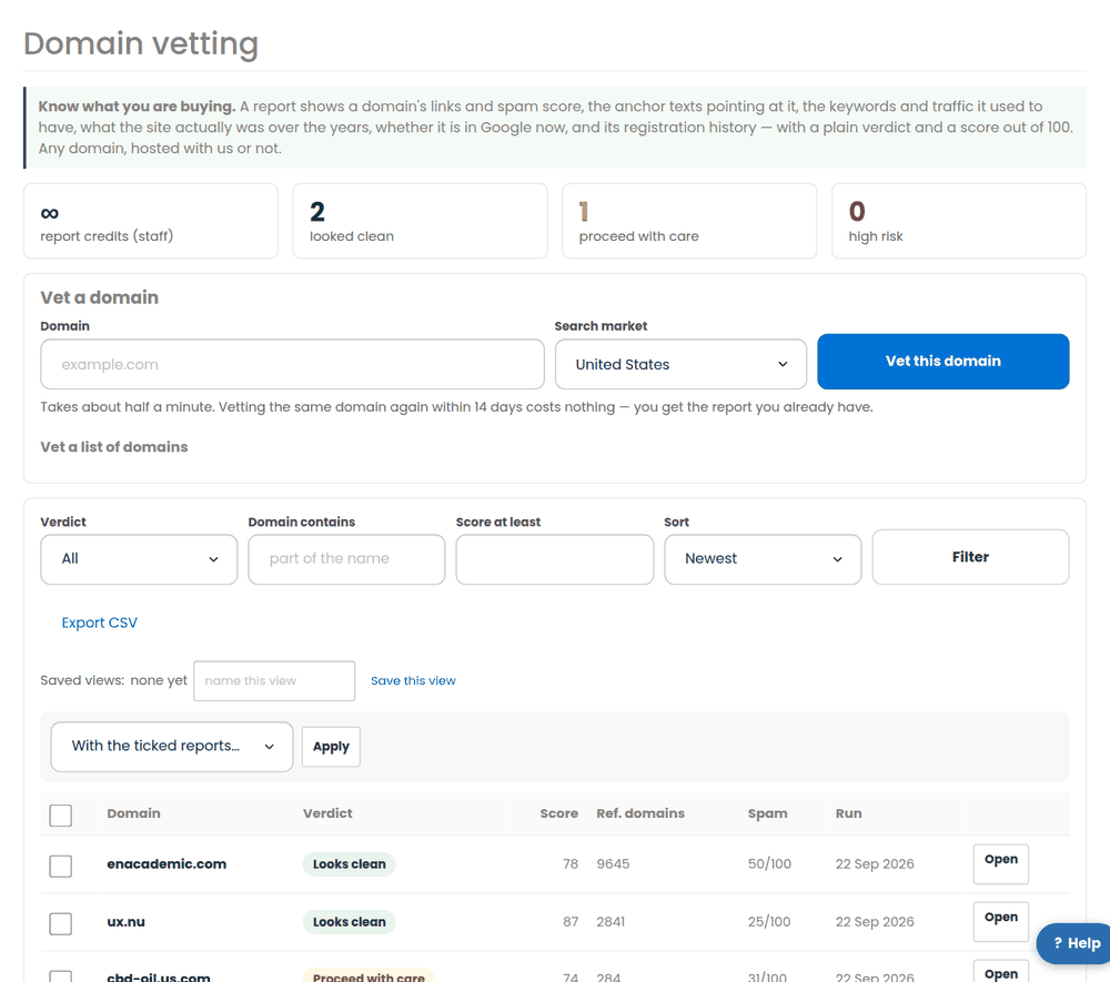 The domain vetting page with the credit meter and the report form