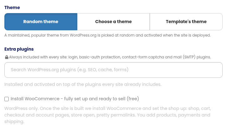 The add-site form with the Install WooCommerce tick