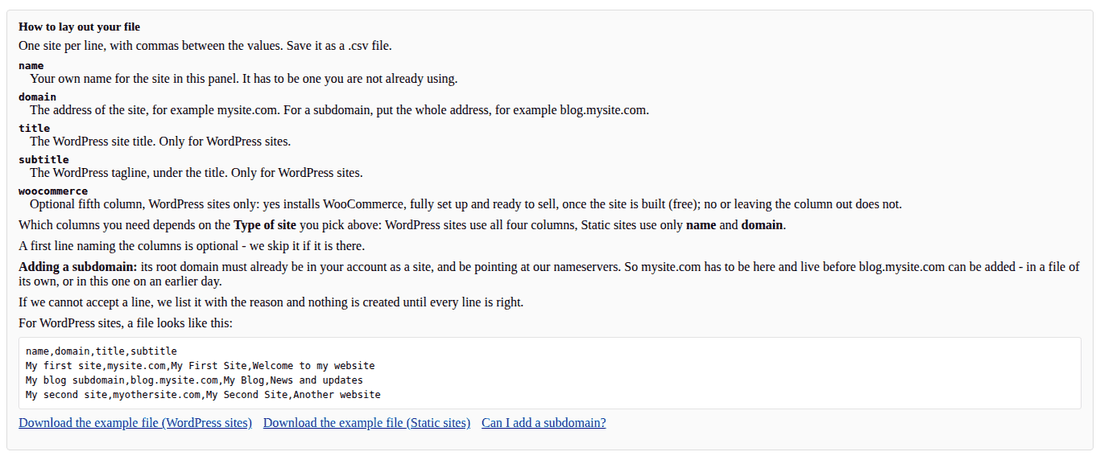 The bulk upload instructions naming the woocommerce column