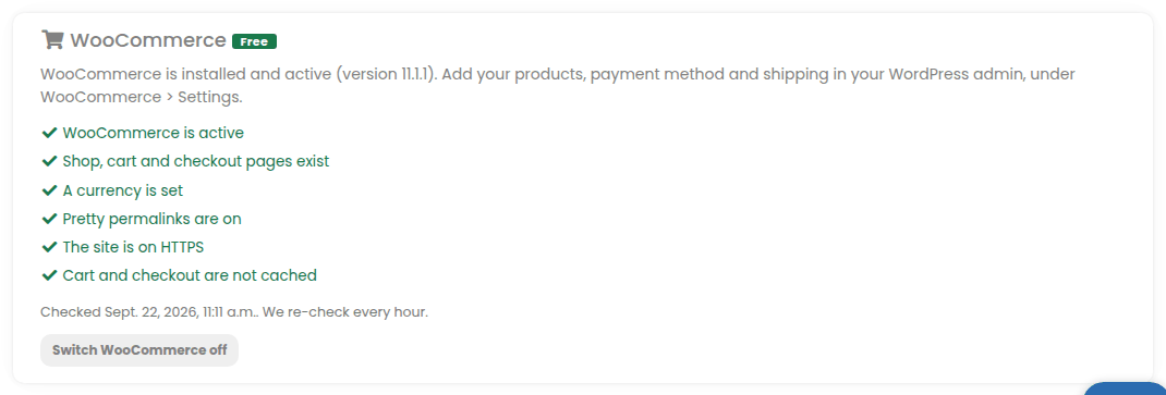 The WooCommerce card after the install, with its health checks