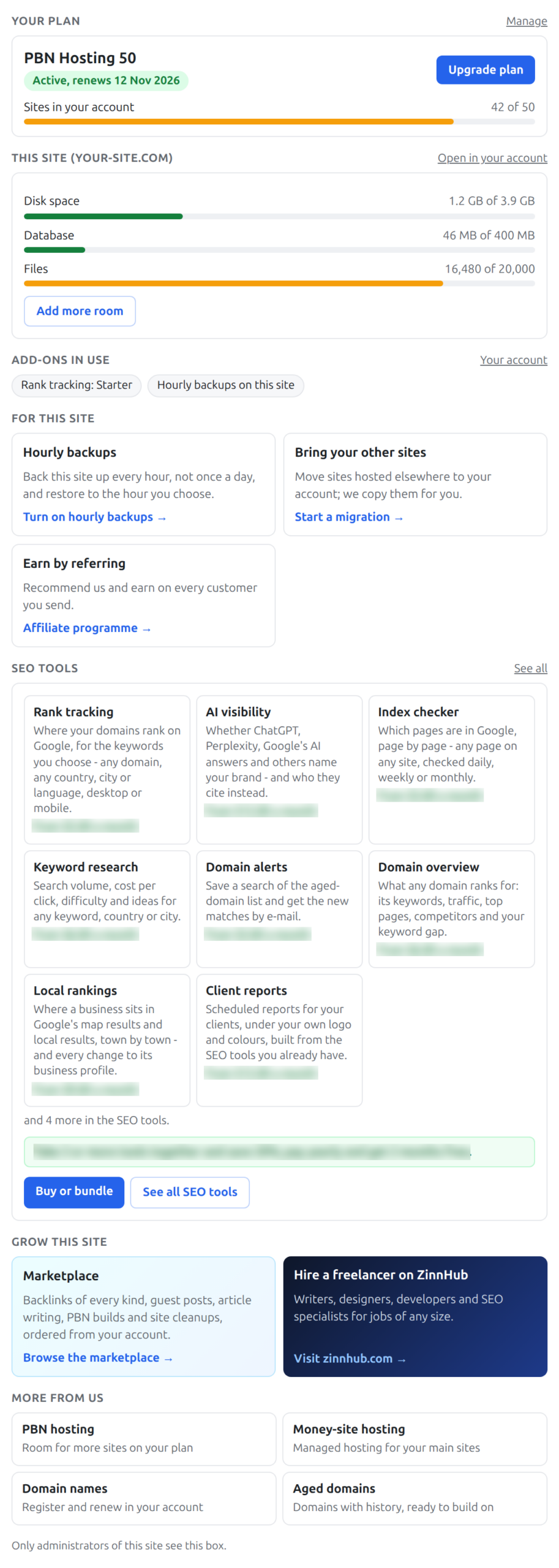 The Your hosting account box on a WordPress Dashboard