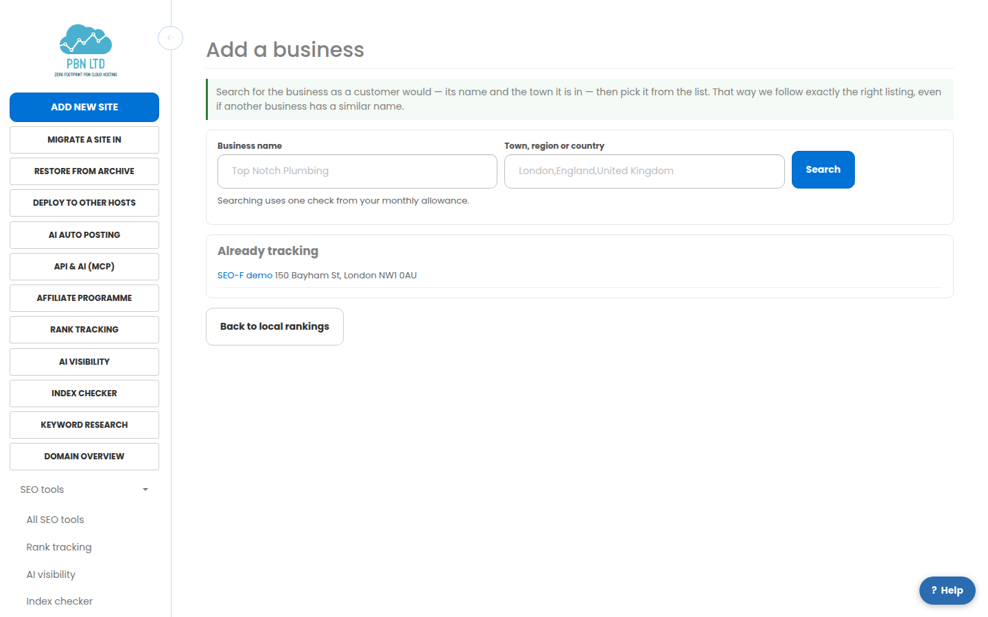 The add-a-business screen: type the business name and the town, and pick your listing out of the results.