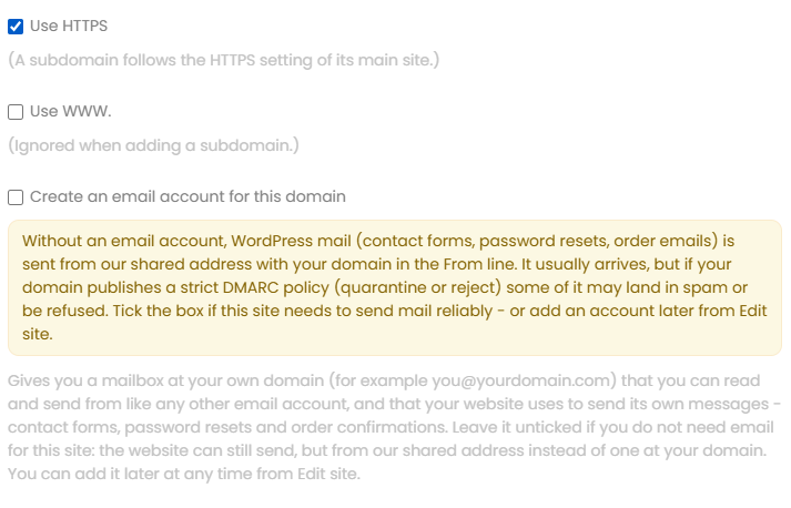 Create an email account for this domain checkbox