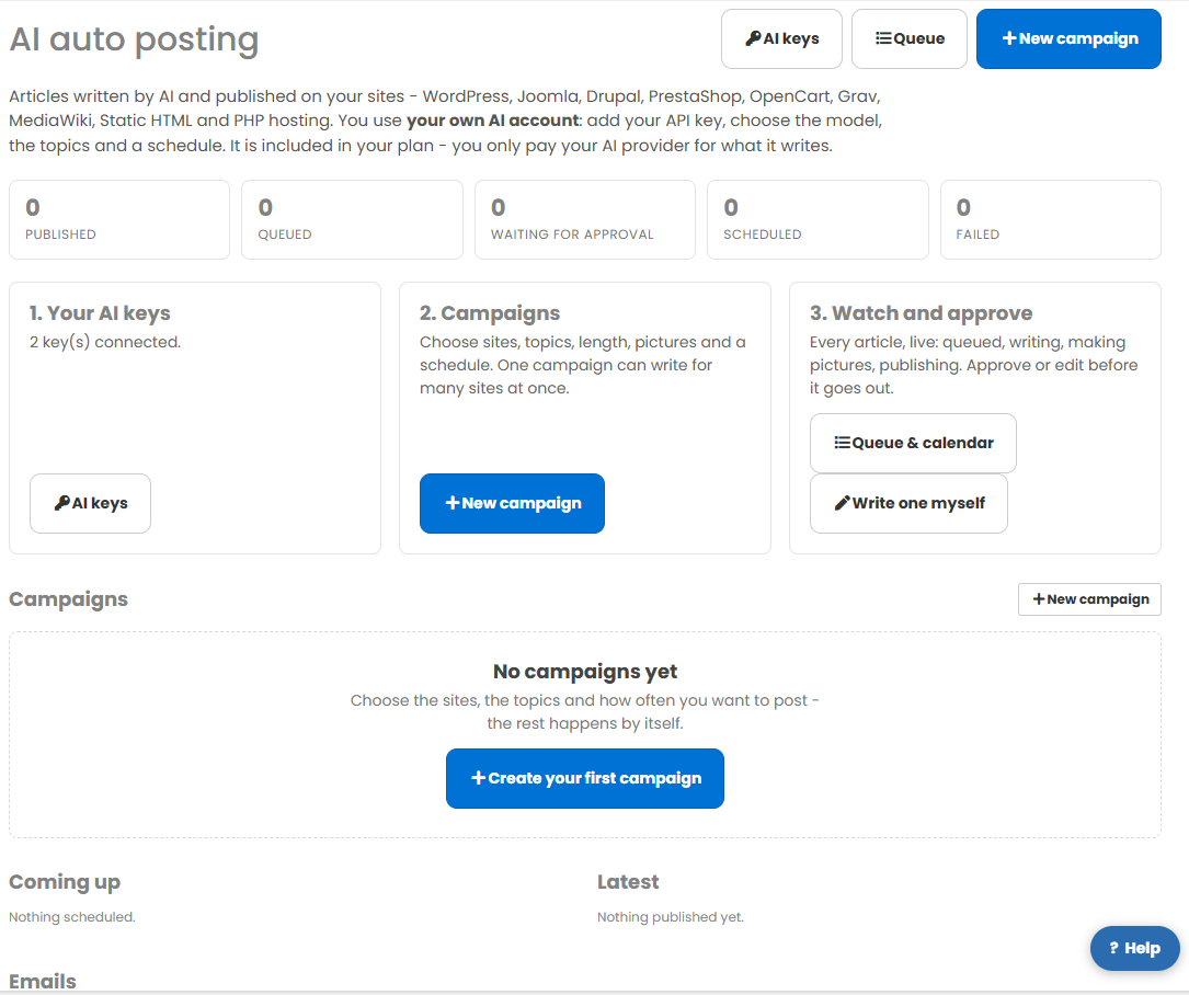 The AI Auto Posting overview page