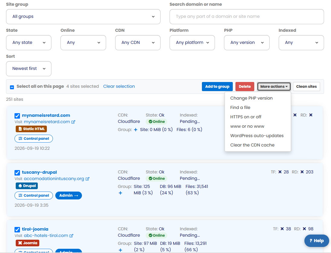 Bulk selection on the sites list with the More actions menu open