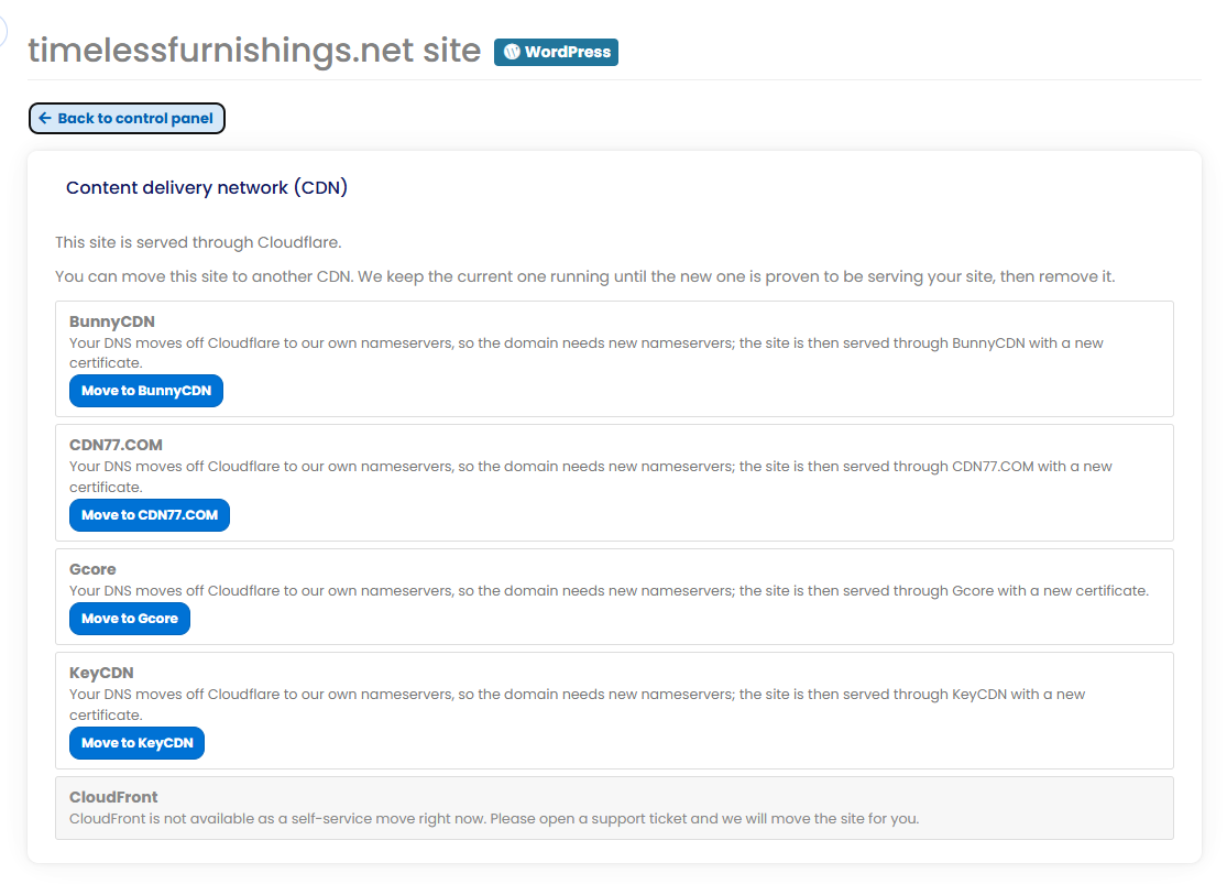 The CDN change page with Move to buttons