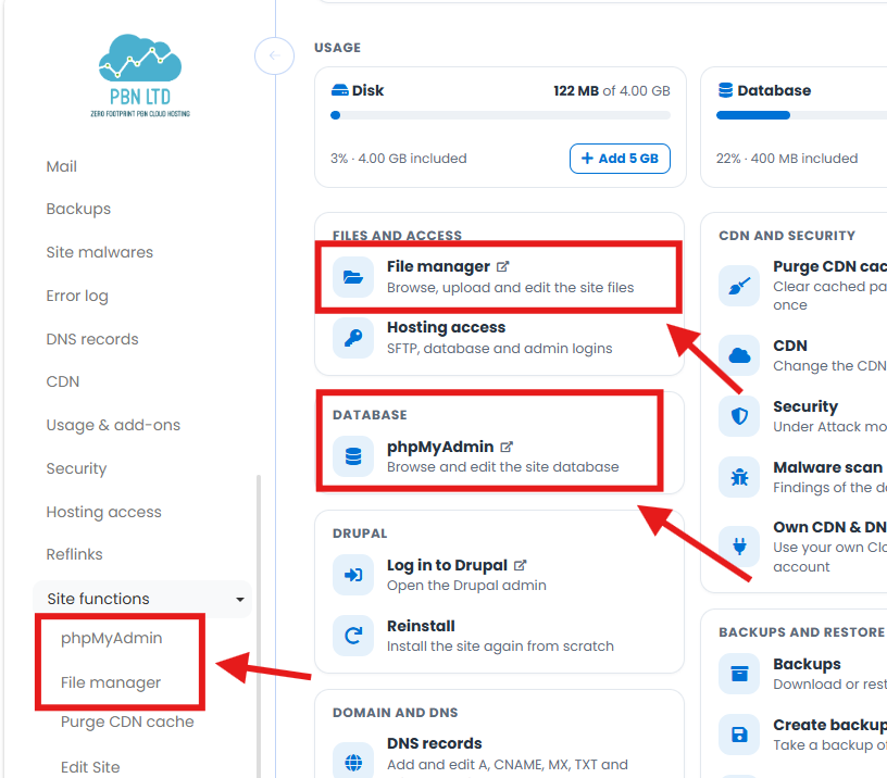 File manager and phpMyAdmin on the control panel