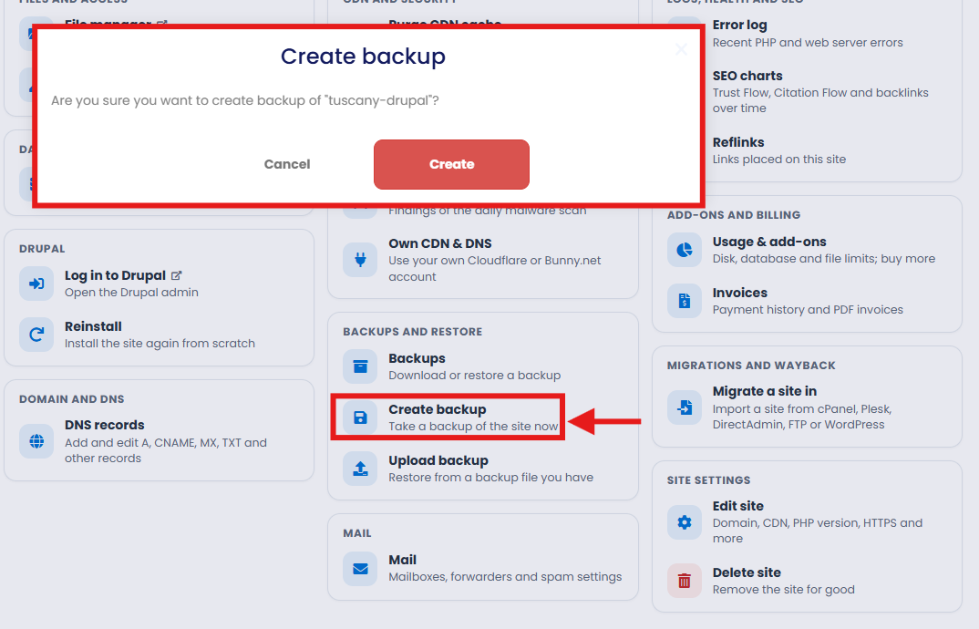 The Create backup confirmation