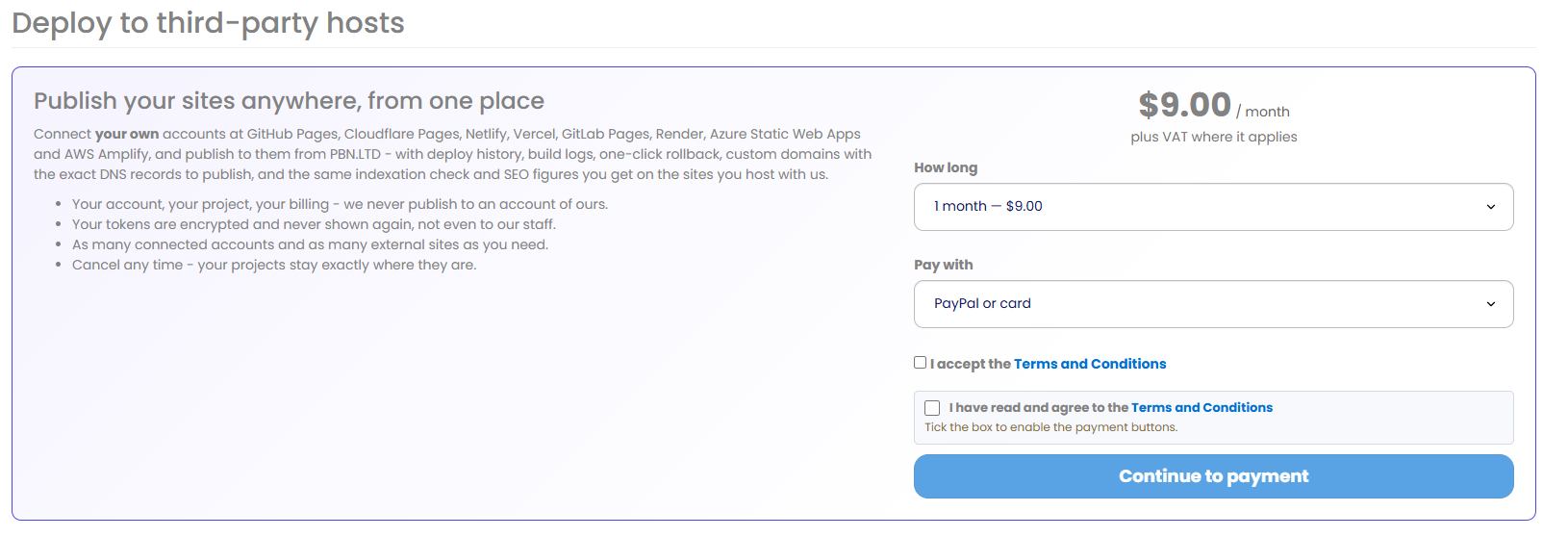 The Deploy to other hosts offer and pricing