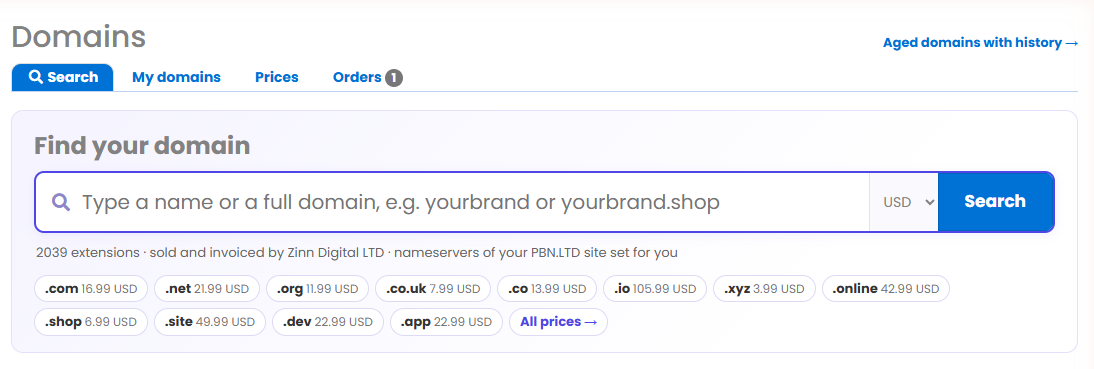 The domain search page