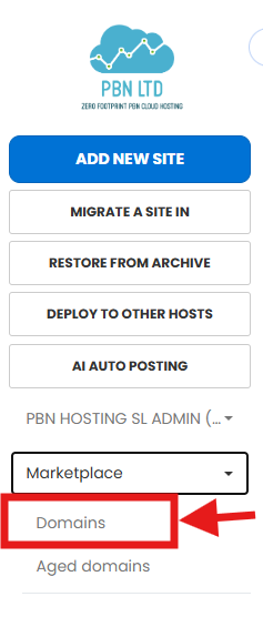 Marketplace then Domains in the account menu