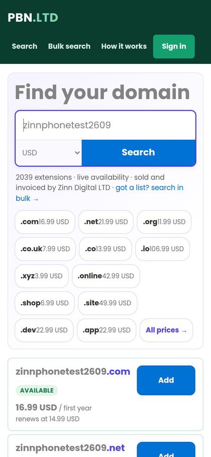 The same domain search on a phone, with the search box, the popular extensions and the first results.