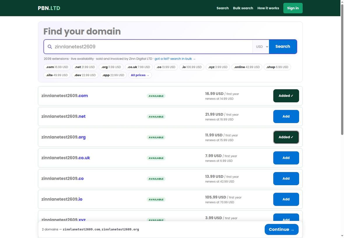 Domain search on app.pbn.ltd: one name checked across .com, .net, .org, .co.uk and .co, each with its first-year price and its renewal price, and two names already added to the order.