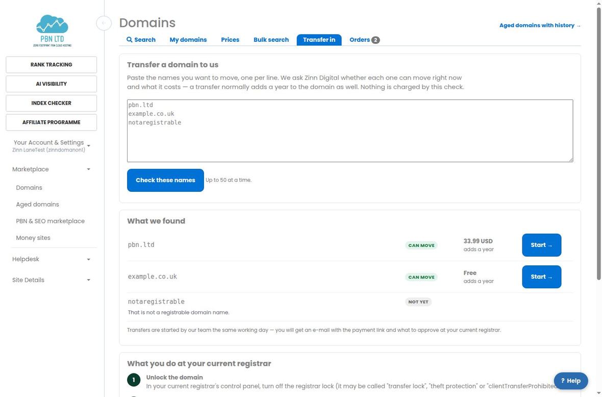 The transfer-in screen: two domains checked, one at 33.99 USD and one free, each marked CAN MOVE and adds a year, and a line that is not a domain name marked NOT YET with the reason.