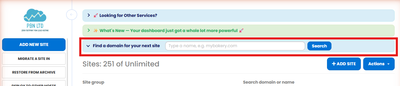 Find a domain for your next site bar on the sites list
