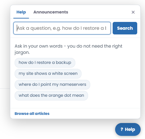The Help search popup