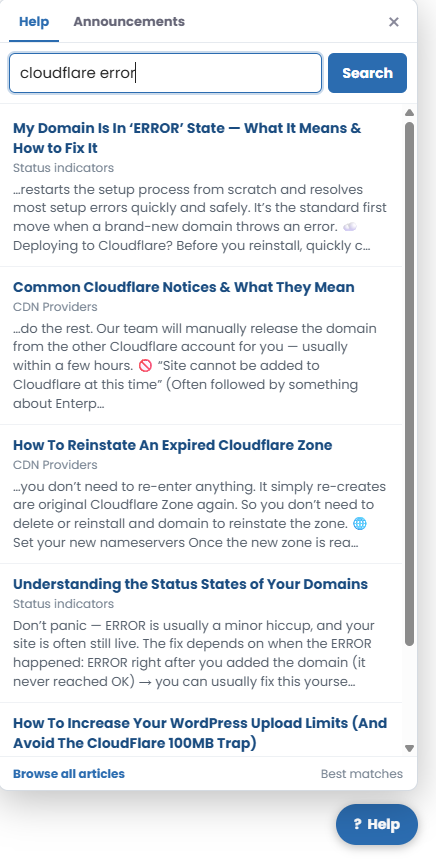 Help search results for cloudflare error