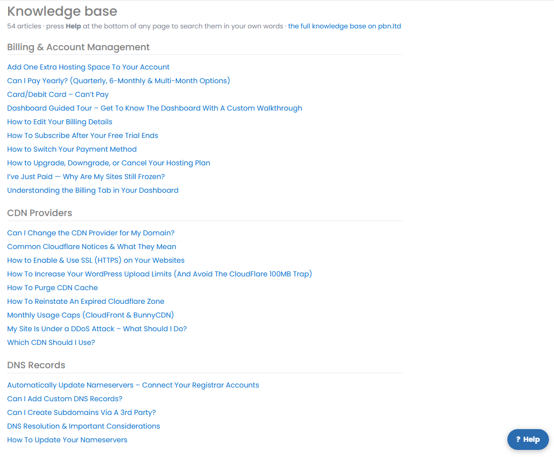 The Knowledge base article list
