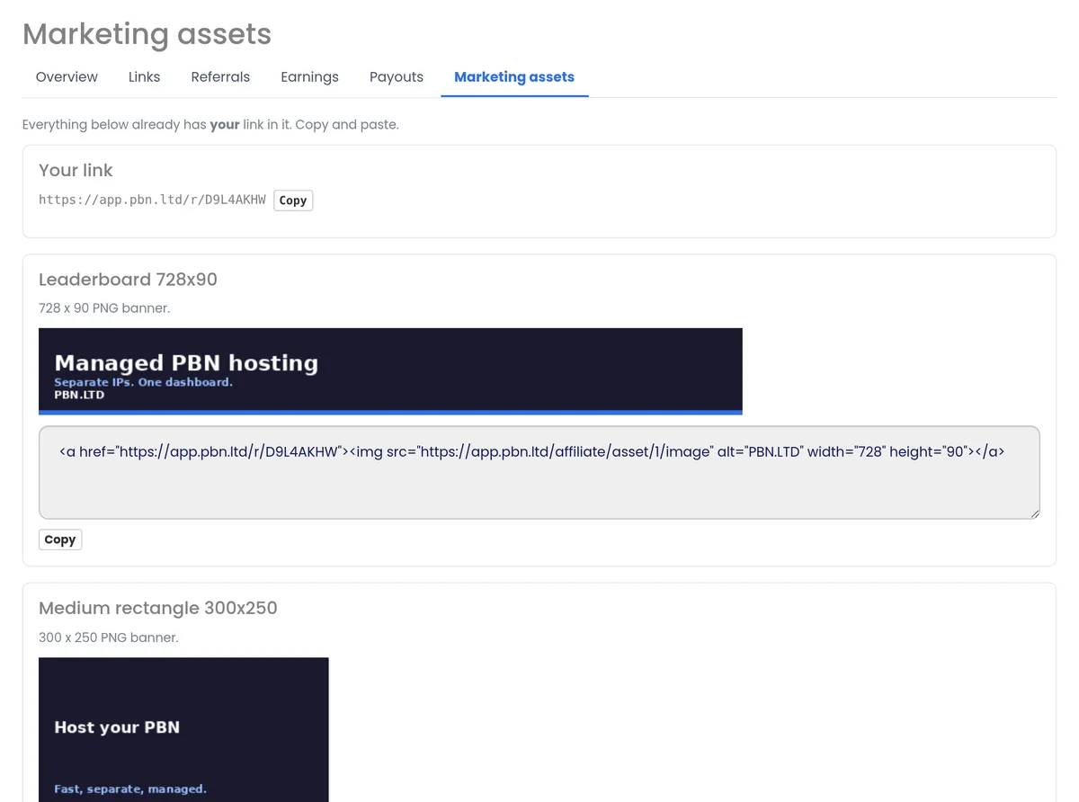 Marketing assets screen with ready-made PBN LTD banners and copy-and-paste HTML that already contains your affiliate link