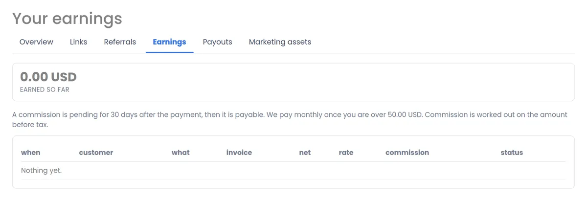 Earnings screen showing every commission with the invoice, the net amount before tax, the rate, the commission and its status