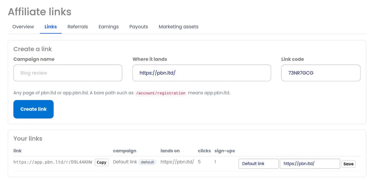 Affiliate links screen where you create tracked links with a campaign name and a landing page, with clicks and sign-ups per link