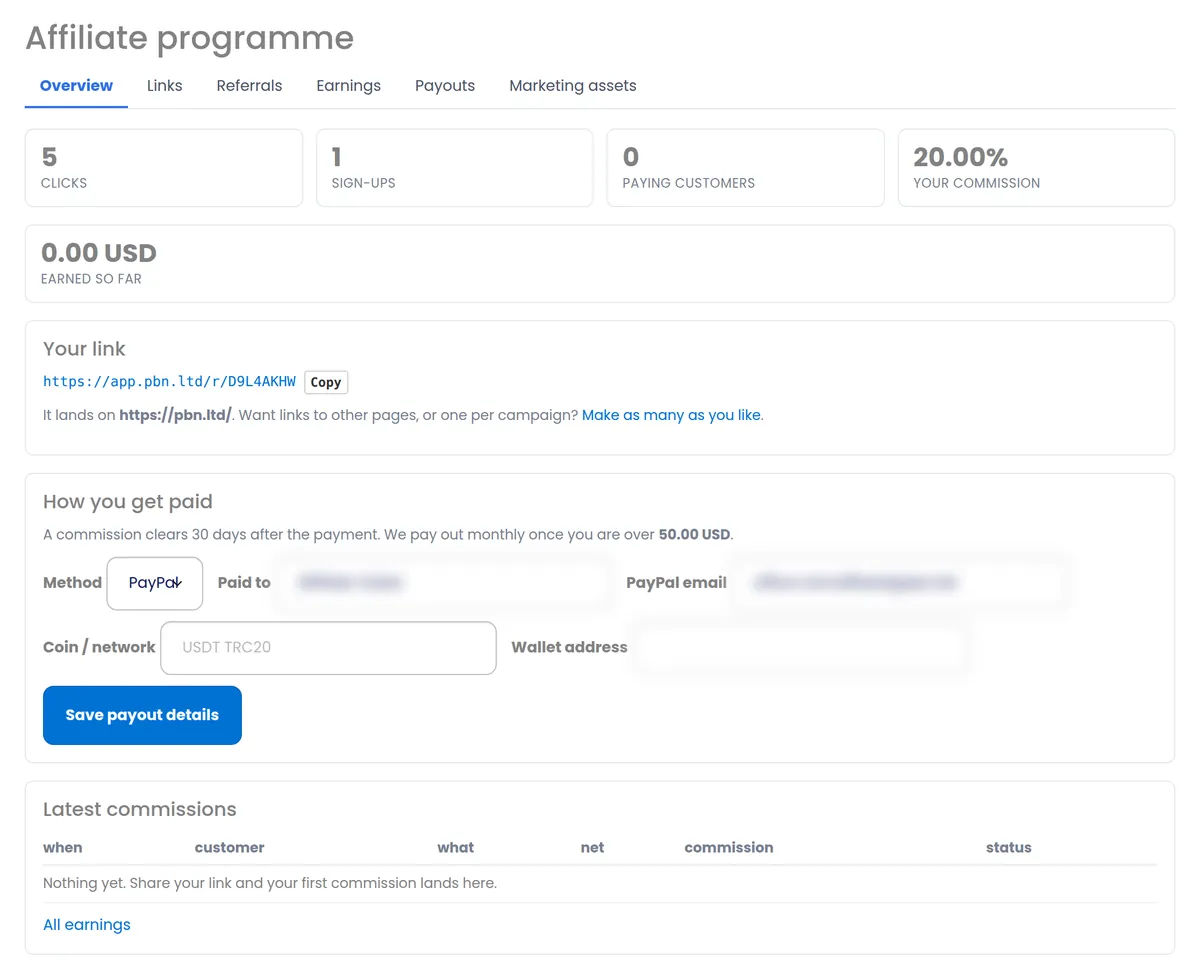 PBN LTD affiliate dashboard overview showing clicks, sign-ups, paying customers, the 20% commission rate, your tracking link and payout settings