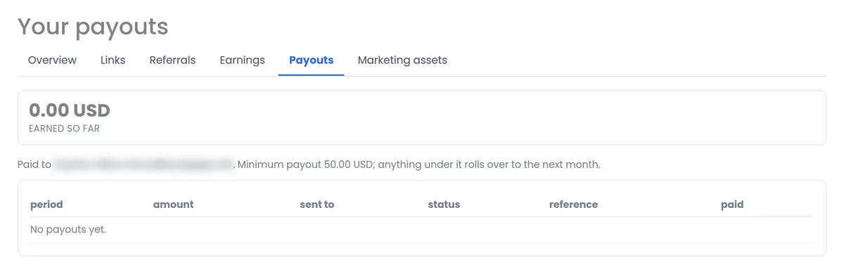Payouts screen showing where you are paid, the 50 US dollar minimum payout and the history of monthly payouts