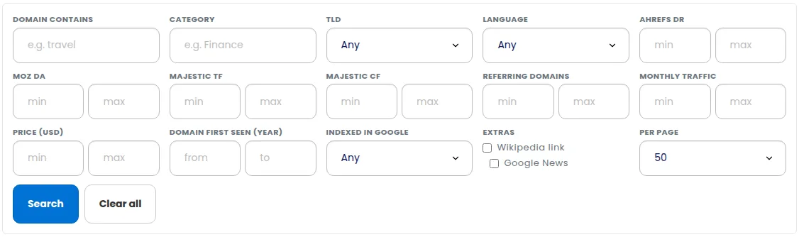 Aged domain search filters for Ahrefs DR, Moz DA, Majestic TF and CF, referring domains, traffic, price, first-seen year, TLD, language and category