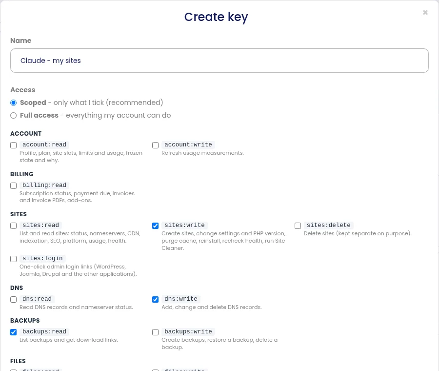 Creating an API key in the PBN LTD dashboard: a name, scoped or full access, and a tick box for each permission such as sites:write, dns:write and backups:read