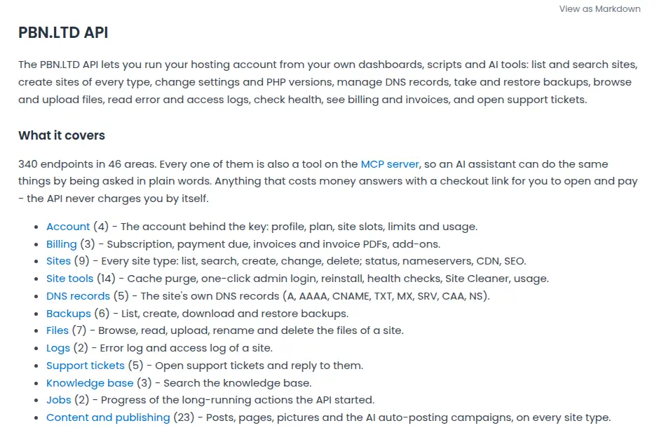 The PBN LTD API documentation introduction, listing what the API covers area by area: account, billing, sites, site tools, DNS records, backups, files, logs, support tickets, content and publishing, SEO metrics and more