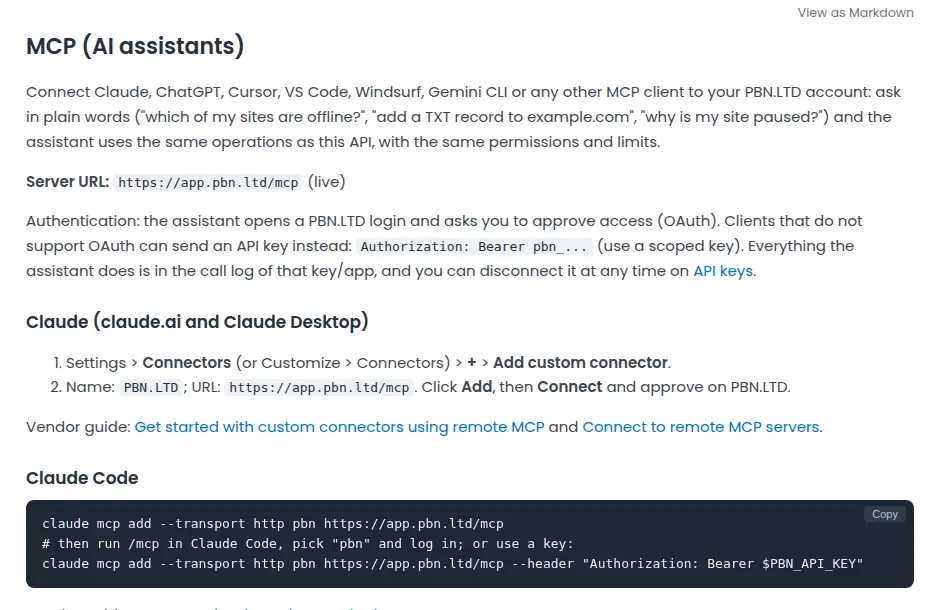 The MCP guide in the PBN LTD API documentation, showing the server URL https://app.pbn.ltd/mcp, how the login works, and the steps for Claude, Claude Code and ChatGPT