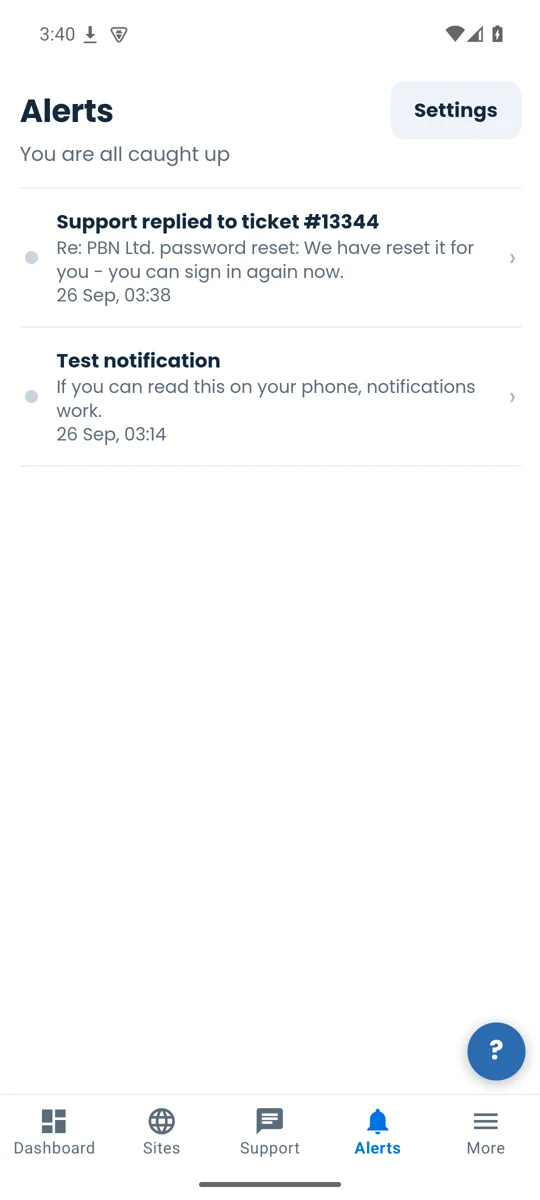 The Alerts tab listing a support reply and a test alert, with a Settings button