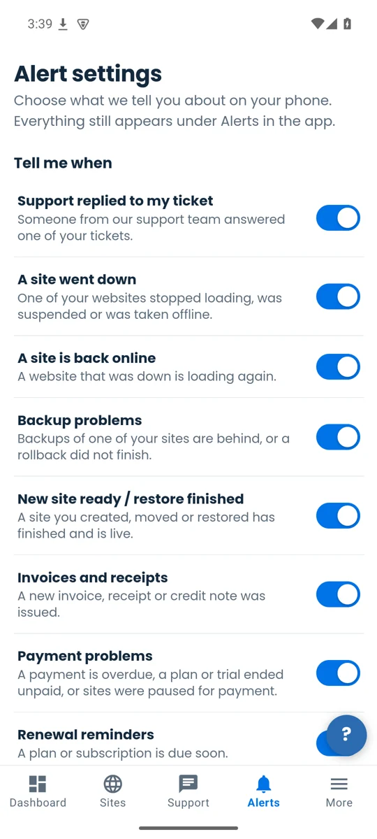 Alert settings: a switch for each kind of alert, such as support replies, a site going down or coming back, backups, invoices and payments