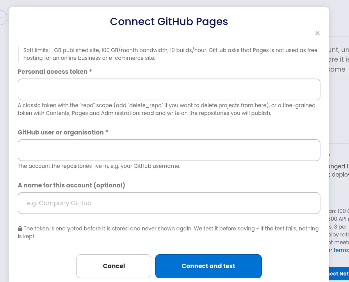 The Connect GitHub Pages dialog asking for a personal access token and the GitHub user or organisation, explaining the required repo scope, and noting that the token is encrypted before it is stored and never shown again