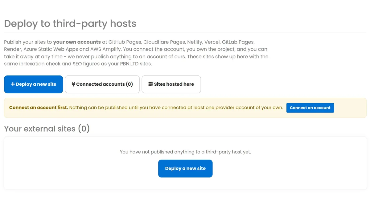 The External Deploy panel in the PBN LTD dashboard with buttons to deploy a new site, view connected accounts and list sites hosted here, plus the list of your external sites