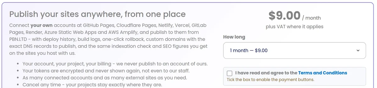 The External Deploy package priced at 9 US dollars per month plus VAT where it applies, with a choice of 1, 3, 6 or 12 months and a terms and conditions tick box
