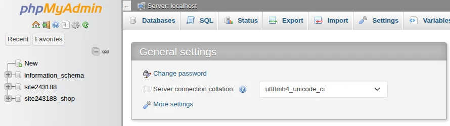 phpMyAdmin opened from the site, listing the site database and its extra database together